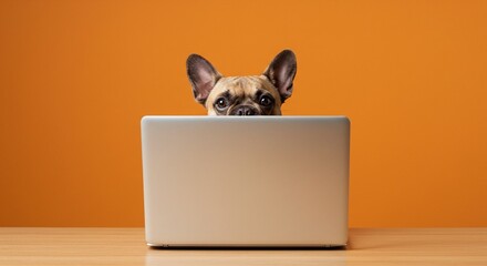 A dog peeks over the top of a laptop, set against a vibrant orange backdrop, creating a comical and curious scene.
