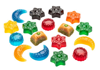 colorful crescent moon and star candies for ramadan eid mubarak celebration