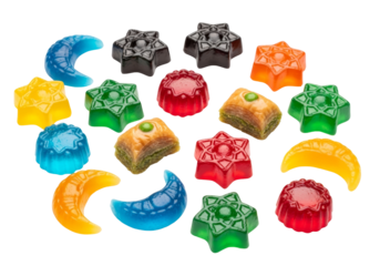 colorful crescent moon and star candies for ramadan eid mubarak celebration