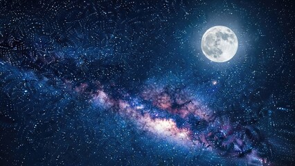 Fototapeta premium Night sky with full moon and milky way galaxy abstract background