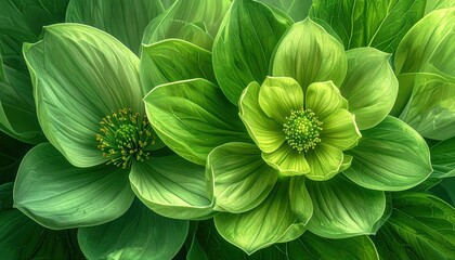Lush Green Flowers and Leaves in a Serene Botanical Composition.