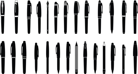 Black silhouette pen collection, fountain pens and pencils set, office stationery illustration, writing tools icons, minimal vector design elements.