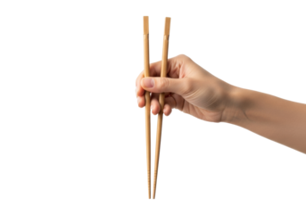 Elegant Asian hand with light skin tone and manicured nails, gracefully holding two light brown wooden chopsticks, isolated on a transparent background, concept of Asian culinary skill and tradition