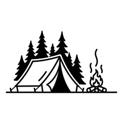 Obraz premium Camping Adventure Icon with Tent, Trees & Bonfire. Outdoor Exploration Vector Art
