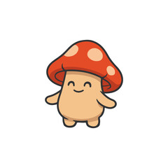 Cute mushroom character illustration. Adorable mushroom cartoon. Happy fantasy mushroom creature.