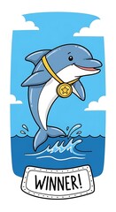 Cartoon Dolphin Champion - A Victorious Aquatic Mammal with Gold Medal.