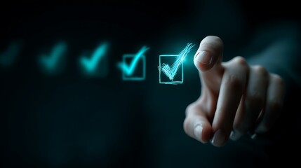 Glowing digital checkmarks being selected by a human finger. Focus on the hand