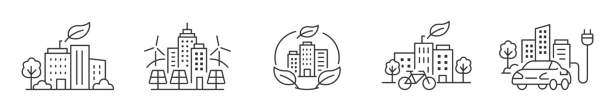 Green city icon  set, eco friendly architecture and leaf icon, sustainable development and environmental building concept,  vector illustration . 