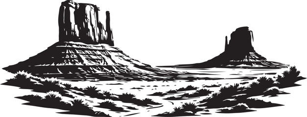 Monument Valley Landscape Silhouette Black and White Vector Illustration