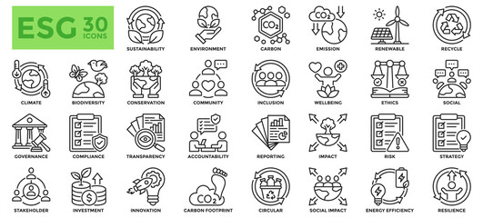 Environmental, Social, and Governance (ESG) icon collection. Contains icons for sustainability, environment, social, governance, carbon, renewables, emissions, conservation, risk, and innovation. 