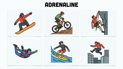 Obraz premium Dynamic Adrenaline Sports Icons Collection Snowboarding Mountain Biking Rock Climbing Skydiving Surfing Parkour Extreme Adventure Vector Graphics for Commercial Use