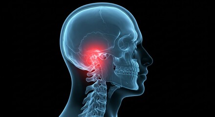 Anatomical illustration exhibiting head pain; skeletal structure showcasing areas of inflammation, suggesting discomfort.