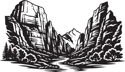 Zion National Park Landscape Silhouette Black and White Vector Illustration
