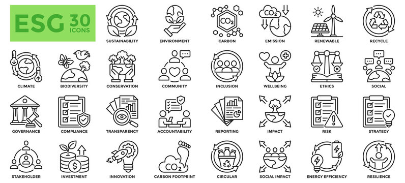 Environmental, Social, and Governance (ESG) icon collection. Contains icons for sustainability, environment, social, governance, carbon, renewables, emissions, conservation, risk, and innovation. 