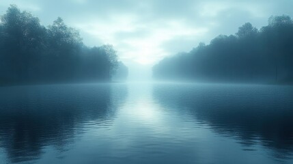 Fototapeta premium Misty lake with trees on the shore at sunrise with soft blue light and calm water reflecting the