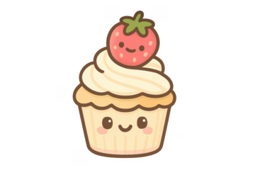 Kawaii cupcake with strawberry smiling character on transparent background