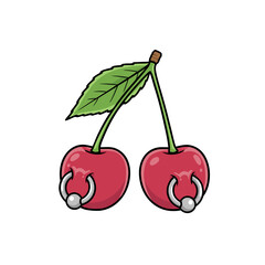 Isolated Cartoon Cherries with Silver Piercings and Green Leaf