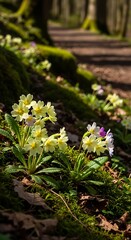 Primroses in the Forest - A Springtime Scene.