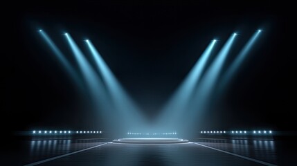 Dramatic Stage with Spotlights and Empty Pedestal Ready for Performance in Dark Atmosphere Ideal for Theatrical Productions and Event Promotions