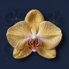 A modern, luxury template design featuring an elegant golden orchid on a dark blue abstract background for card invitations