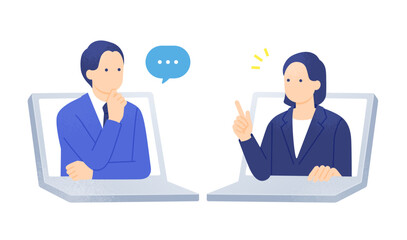 提案する営業。アドバイスを受けるクライアント。オンラインでの法人打ち合わせ。