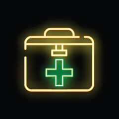Obraz premium Glowing neon first aid kit with a green medical cross on a black background