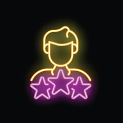 Obraz premium Neon sign of a young professional with three stars above him, indicating an award, good review, or high rating