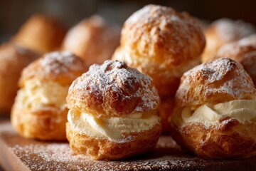 A tray holds fresh cream puffs, each filled with cream and sprinkled with sugar. The bakery is bustling with customers early in the day Generative AI