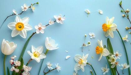 Pastel Spring Flowers - Daffodils, Cherry Blossoms, and Tulips on Blue.