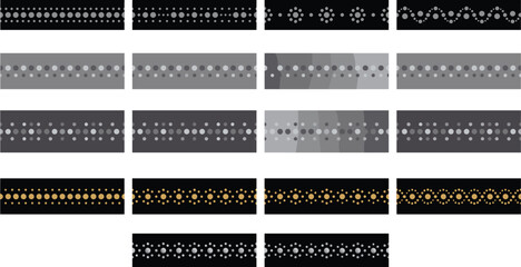 Abstract dotted border pattern collection, geometric decorative horizontal banners, modern minimalist design elements, luxury gold gray black seamless backgrounds