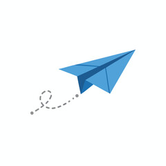Blue paper airplane with a dotted trajectory, set against a white backdrop
