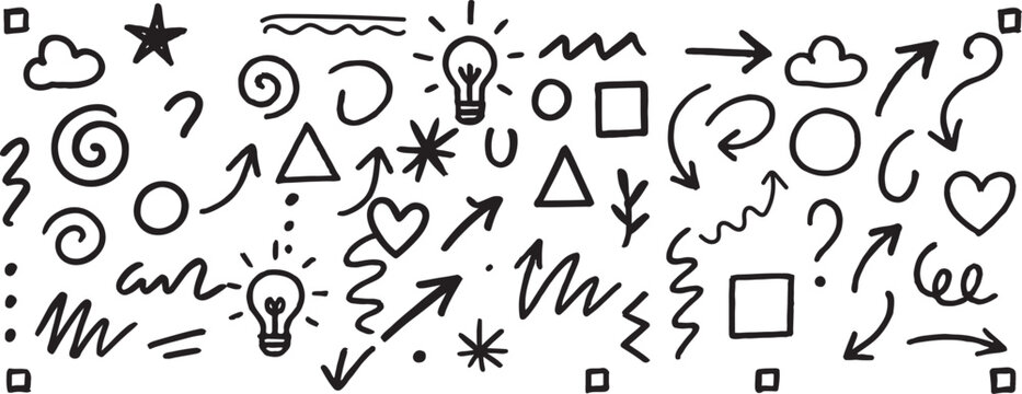 A collection of hand drawn doodles and symbols on a white background