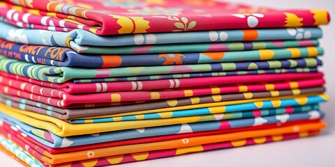 A stack of neatly folded patterned fabric squares in vibrant hues, perfect for quilting or patchwork,  colorful,  fabric
