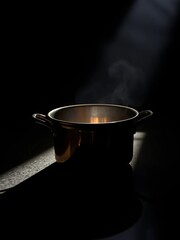 A single, tarnished copper pot gleams with borrowed moonlight, its surface reflecting abstract shapes from unseen kitchen activity,  deep,  dramatic