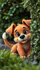 A mischievous cartoon puppy with a wagging tail peeking from behind a bush ,  garden,  animal