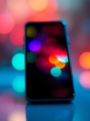 Glow of a smartphone screen paints abstract hues on a blurred background, evoking digital dreams,  minimalist,  digital