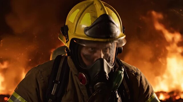 heroic firefighter battling intense blaze in dangerous rescue operation amid