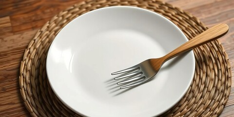 Close up white plate on woven placemat with wooden fork, subtle shadow,  dinner,  gourmet