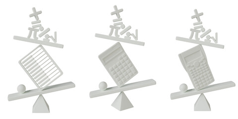 Creative 3D two types of calculators and 1 abacus setup with math elements in white
