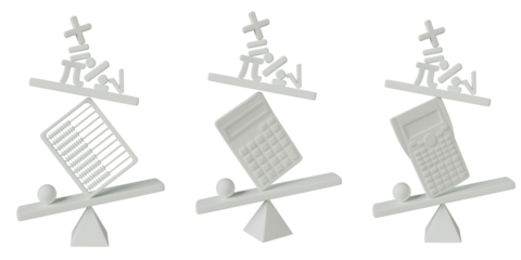 Creative 3D two types of calculators and 1 abacus setup with math elements in white