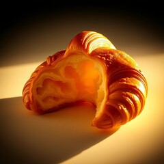 A perfectly formed croissant, its golden crust fractured to reveal an airy, delicate interior, artfully lit from below,  airy,  texture