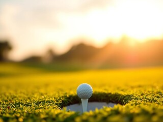 Golf ball poised to drop into cup, success imminent, blurred course & warm sun,  close call,  chance