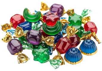 colorful wrapped chocolates and candies on white background