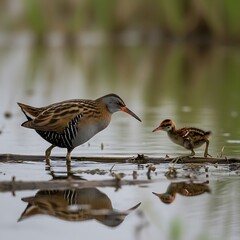 Water Rail Family - Mother and Chick Foraging in Shallow Water.