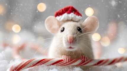 A cute white mouse wearing a Santa hat, poised on snowy ground next to a candy cane