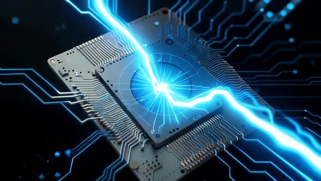 Dynamic Circuitry Overload Pulsating with Electric Energy and Data Streams Displayed on a Microchip