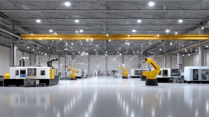 Modern manufacturing facility showcasing advanced robotic automation and industrial machinery in a spacious, well-lit environment designed for high efficiency.