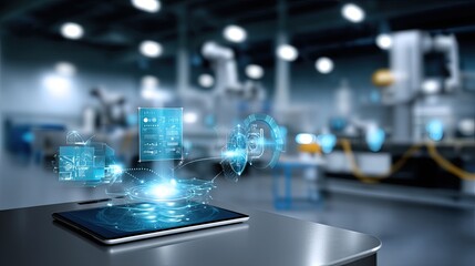 Futuristic Technology Interface on Tablet in Modern Industrial Workspace with Robotic Machinery and Digital Data Visualization Concepts