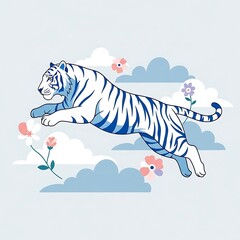 White Tiger Leaping Through Clouds and Flowers Illustration.