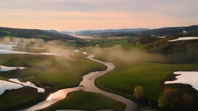 Early spring landscape with melting snow patches, winding river and green rolling hills